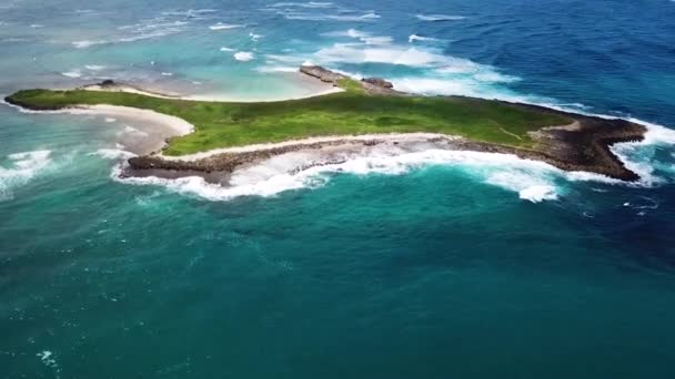 無人機は オアフ島 ハワイの美しいノースショアの海岸を明らかにし ヤギ島から離れて喘ぐショット — ストック動画