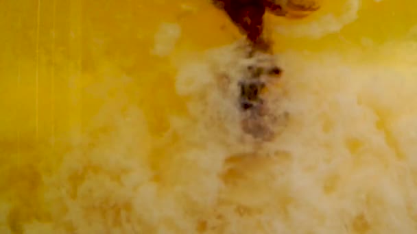 Κοντινό Πλάνο Του Μαύρου Μελανιού Χρωματισμού Ανάμιξη Κίτρινο Γάλα Υφής — Αρχείο Βίντεο