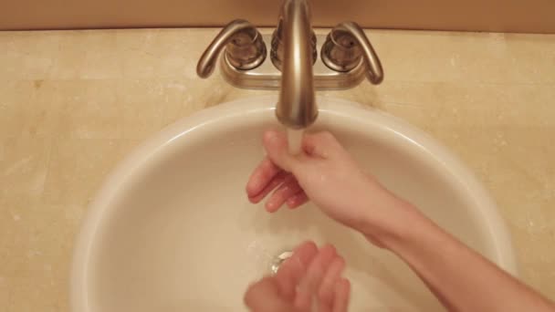 Top Shot Hands Being Washed Bathroom Sink — Stock Video