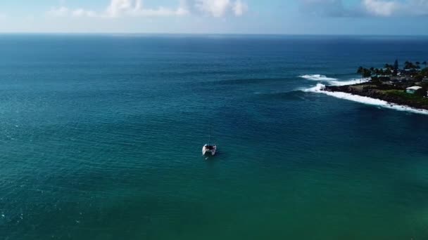 ハワイ州オアフ島の北海岸 ワイメア湾に静止している帆船に続くドローンショット — ストック動画