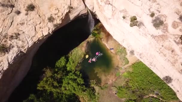 Drone Shot Showing Waterfall Red Rock Southern Utah People Wading — Stock Video