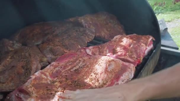 肉烟熏肉 烟熏户外烧烤时 用手擦干牛肉肉片上的调味料 — 图库视频影像
