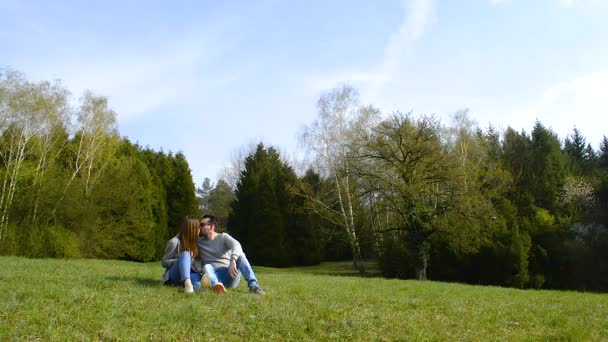 Молода Пара Сидить Траві Громадському Парку Цілується Насолоджується Прекрасним Сонячним — стокове відео