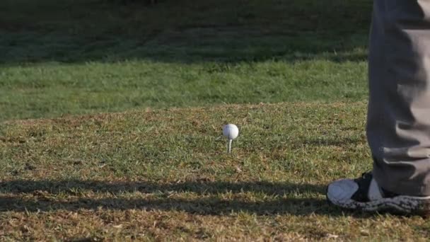 Primo Piano Golfista Teeing Fuori Con Driver Rallentatore Basso — Video Stock