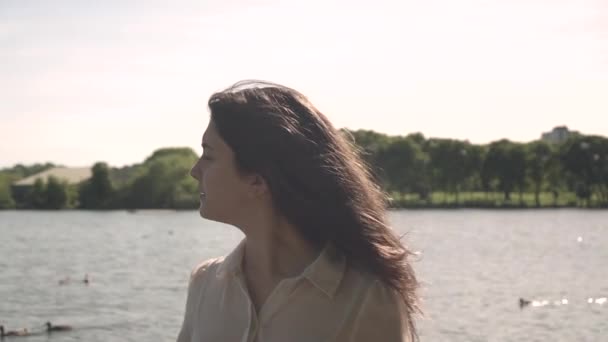 Sunset Portrait Adorable Beautiful Italian Model Walking Next Lake Wearing — Stock Video
