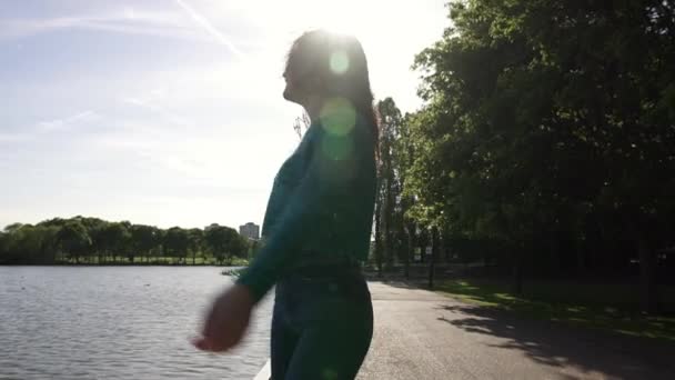 Beautiful Italian Girl Walking Peacefully Spinning Tranquil Park Wearing Shimmery — Stock Video