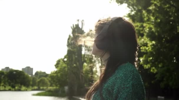 Attractive Young Italian Woman Headphones Listening Music Park Sunset Look — Stock Video