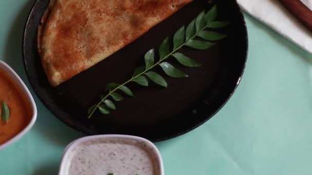 Rotativa Masala Dosa Sul Índia Refeição Set Dosa Sambhar Chutney — Vídeo de Stock