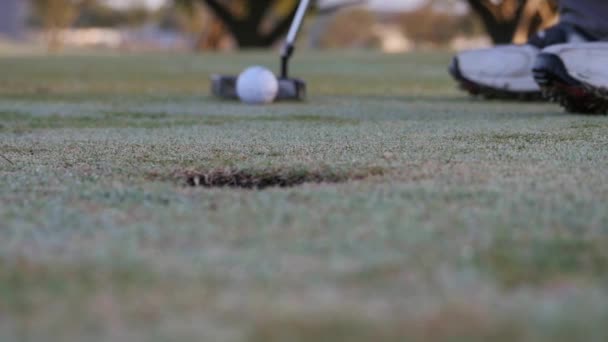 Golfista Putts Cae Bola Agujero Punto Vista Desde Detrás Del — Vídeo de stock