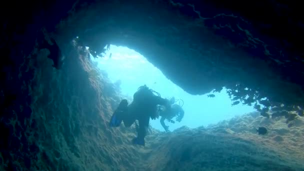 Tir Angle Bas Plongeurs Sous Marins Nageant Hors Abîme Noir — Video