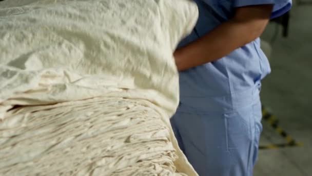 Factory Worker Checks Quality Assembled Cotton Textile Sample Textile Factory — Stock Video