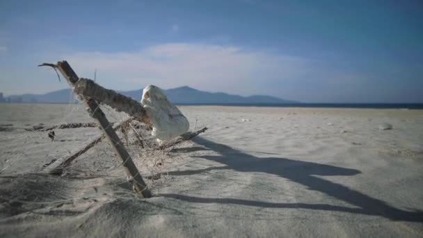 Environmental Pollution Problem Old Fishing Nets Washed Beach Barnacle Growth — Stock Video