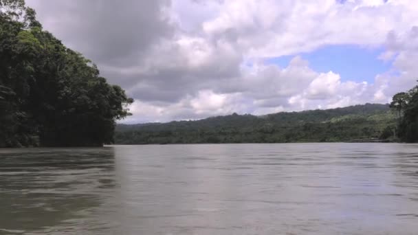 Сцена Круїз Річці Амазонка Видом Широку Відкриту Місцевість Перу Південна — стокове відео