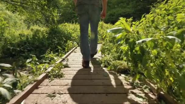 Parte Hombre Caminando Por Camino Madera Esta Segunda Parte Metraje — Vídeos de Stock