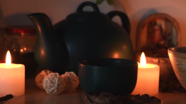 Detalhe Fundo Relaxante Tiro Uma Loja Chá Ervas Com Velas — Vídeo de Stock