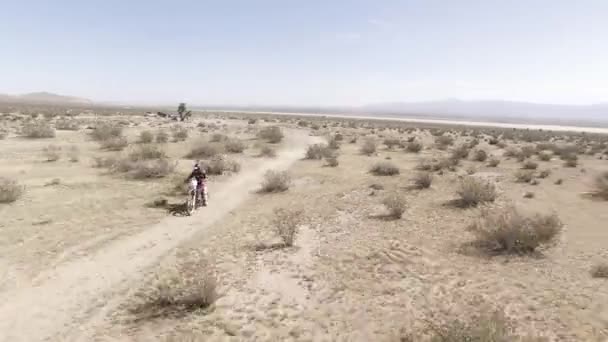 Aerial 사막에서 Crf 오토바이를 달리는 비포장도로 따라서 채기울기 — 비디오