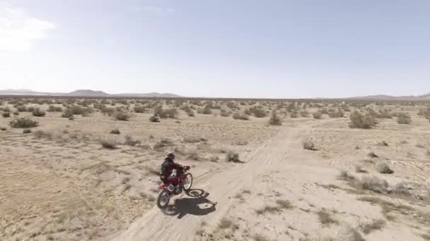 一个骑着他的本田通用报告格式摩托车的土摩托车的人在沙漠中赛跑 跟踪射击 — 图库视频影像