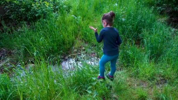 Meisje Speelt Met Een Mes Natuur Maait Gras Een Beekje — Stockvideo