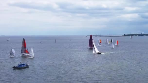 曇った空の下の海での帆船レガッタの空中ビュー バルト海ヨット競技会 オープンウォータードローン映像で帆船 — ストック動画