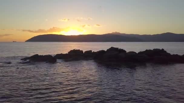Aerial Drone Shot Small Rocky Island Mediterranean Ocean Sunset — Vídeos de Stock