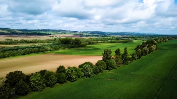 Aerial Landscape Shot Cloudy Bright Shady View Agricultural Areas Hills — Stock Video