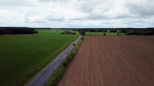 Aerial Landcape Shot Red Van Driving Road Agricultural Area Cloudy — Stock Video