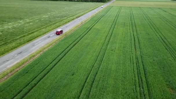 Aerial Landcape Shot Claret Van Driving Road Agricultural Area Windy — Stock Video