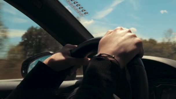 Woman Driving Car Closeup Her Hands Steering Wheel — Stock Video