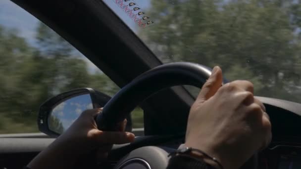 Woman Driving Car Motorway Close View Her Hands Steering Wheel — Stock Video