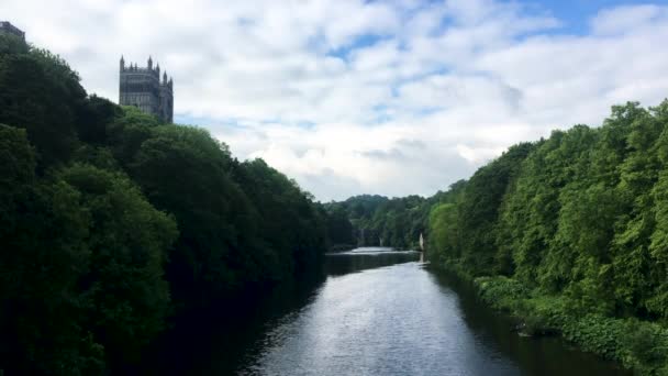 Wide Shot River Wear Durham Cathedral Peeking Trees — Stock Video