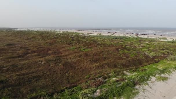 Despegando Levantándose Sobre Los Pastizales Para Revelar Playa Embarcadero Finalmente — Vídeos de Stock