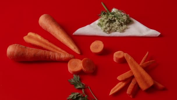 Warzywa Marchewkowe Liśćmi Wyizolowanymi Czerwonym Tle — Wideo stockowe
