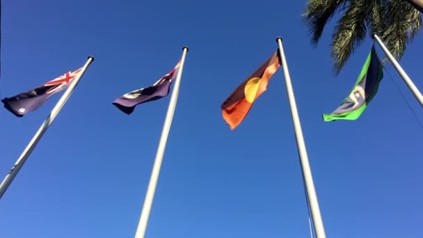Grabación Cámara Lenta Las Cuatro Banderas Fuera Queensland Parliament House — Vídeos de Stock