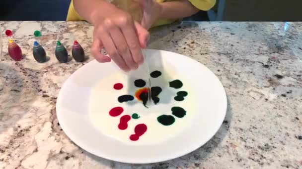 小手把液体洗涤剂扔到盘子里 引起了一种凉爽的化学反应 这种化学反应把各种颜色混合在一起 形成了一个美丽的漩涡图案 — 图库视频影像