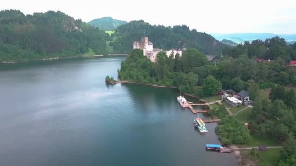 Luchtfoto Van Het Middeleeuwse Kasteel Van Nedec Met Een Meer — Stockvideo