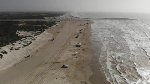 Moving Jetty Split Beach Ocean Waves Aerial Footage North Packery — Stock Video