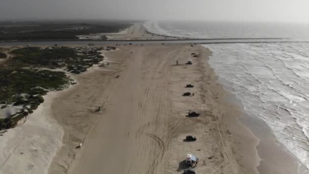 Moving Center Driving Line Beach Going Jetty Aerial Footage North — Stock Video