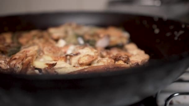 Veganistisch Knapperig Gebakken Medley Koken Hete Pan Slow Motion Tofu — Stockvideo