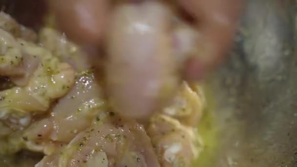 Extreme Close Hand Mixing Raw Chicken Oil Spices — Stock Video