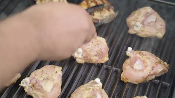 Flipping Chicken Breasts Barbecue Revealing Grill Marks — Stock Video