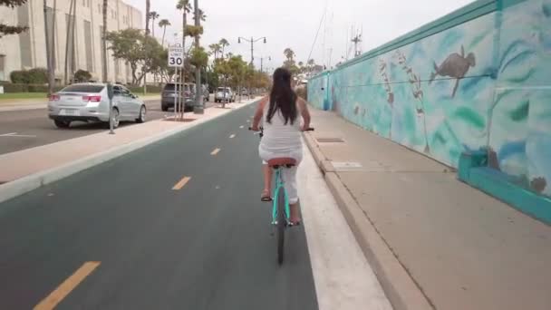 Ręczne Ujęcie Kobiecej Jeździe Rowerze Szlaku Rowerowym Los Angeles Kalifornia — Wideo stockowe
