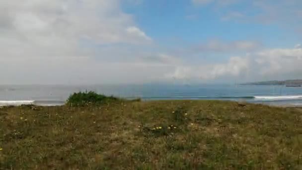 Drone Liftoff Grassy Sand Dune Revealing Ocean — Stock Video