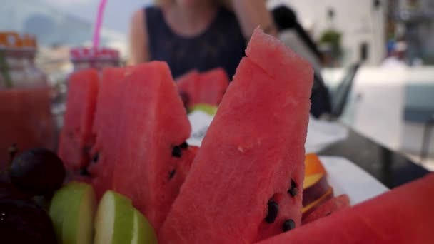 Close Handheld Shot Fruit Plate Water Melons Apples Vinpes Santorini — Wideo stockowe