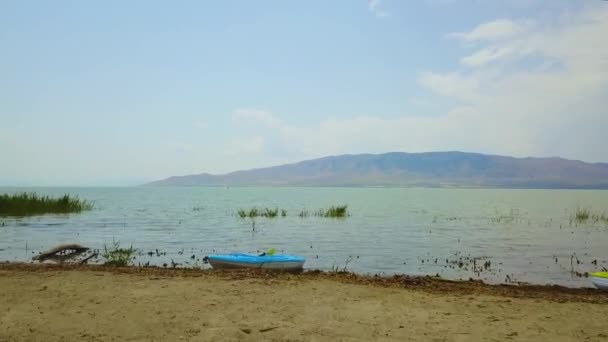 Utah Gölü Nde Kumlu Bir Plajda Uçarken Çekilmiş Kanolar Sahilde — Stok video