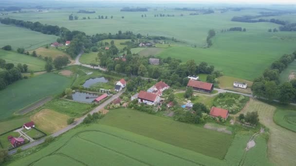 Landschaft Luftaufnahme Einem Bewölkten Tag Polnische Landschaft Landstraße Kleines Dorf — Stockvideo