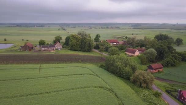 Landschaft Luftaufnahme Einem Bewölkten Tag Polnische Landschaft Kleines Dorf Felder — Stockvideo
