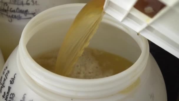 Vers Geperste Appelcider Die Voor Gisting Een Plastic Vat Wordt — Stockvideo