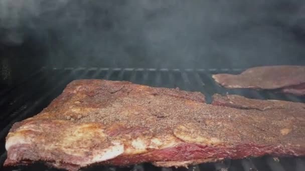 Csúszka Lövés Fűszerezett Marha Köldök Szegyhús Főzés Grill Hús Füstölő — Stock videók