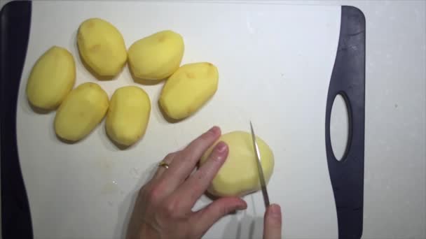 Top View Close Pair Hands Slicing Dicing Potatoes Chopping Board — Stock Video