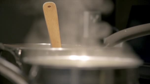 Close Wooden Utensil Simmering Pan Cooktop Steam Rising — Stock Video